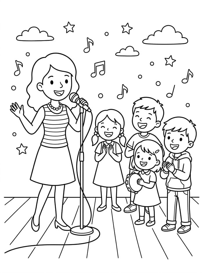 Coloriage Chanteuse et enfants