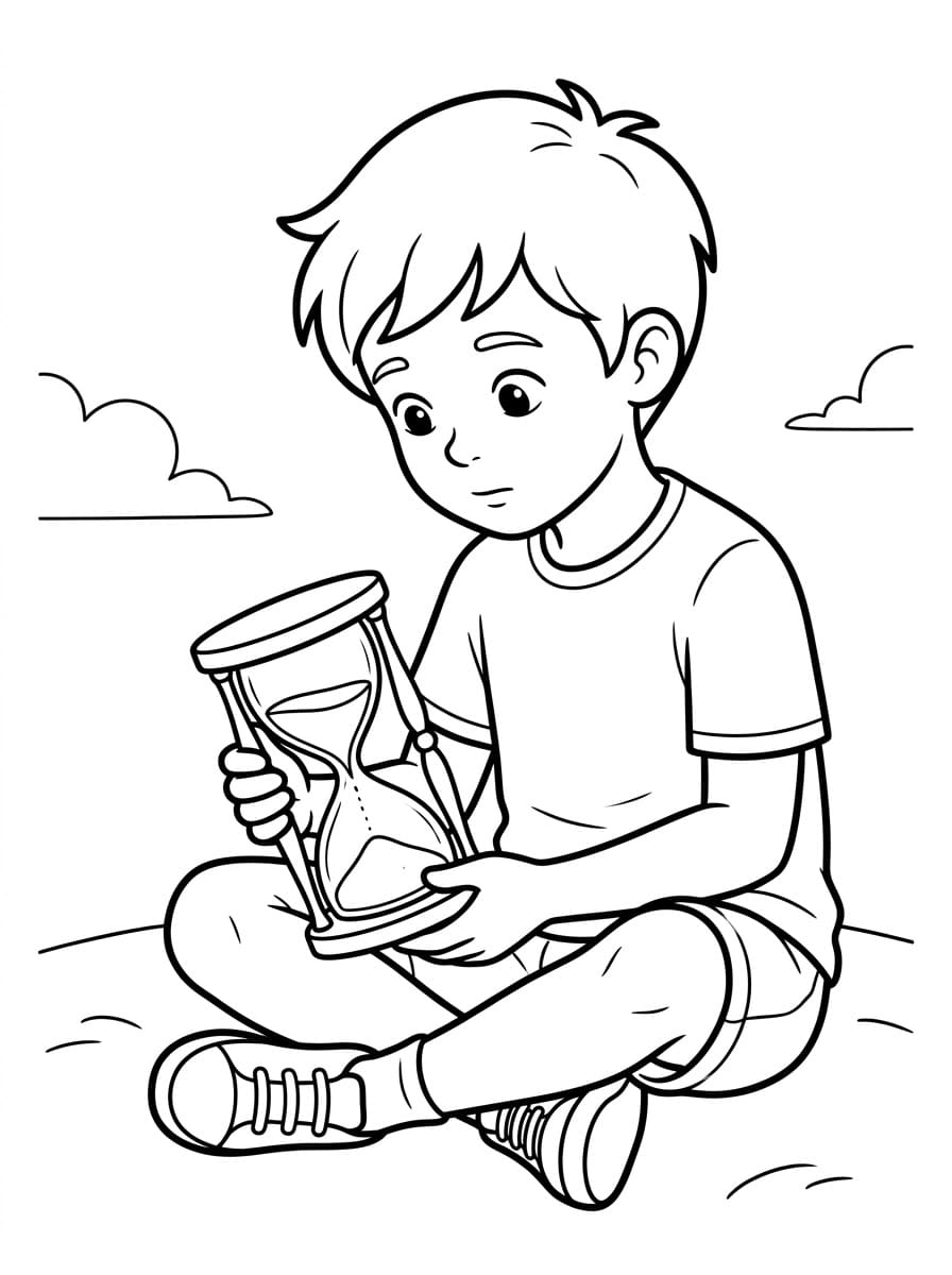 Coloriage Garçon avec un sablier