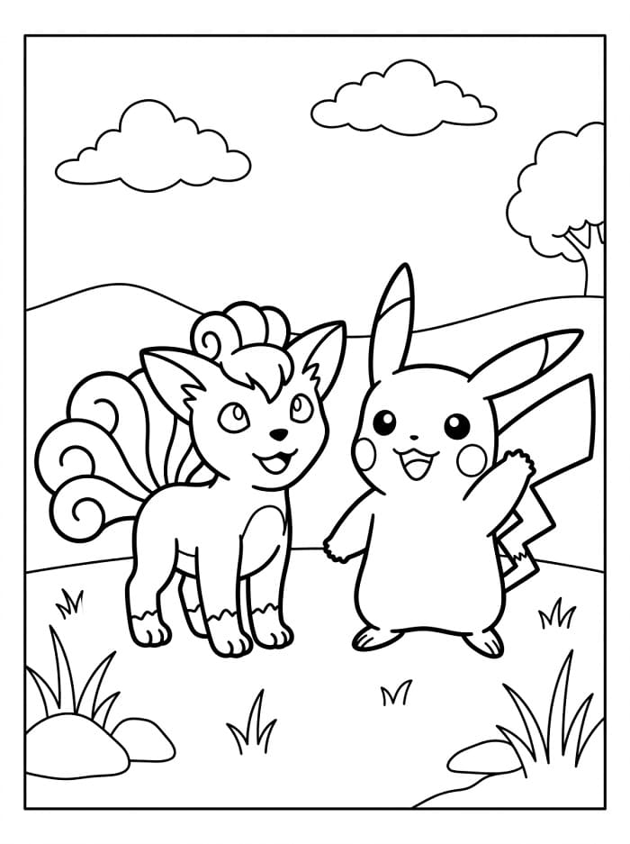 Coloriage Goupix et Pikachu