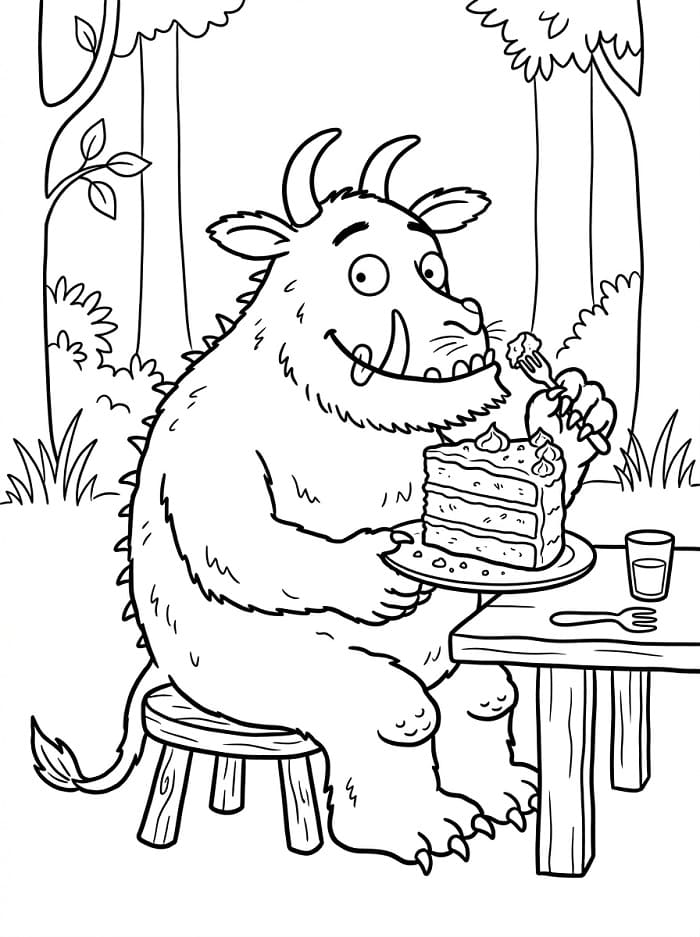 Coloriage Gruffalo mange un gâteau