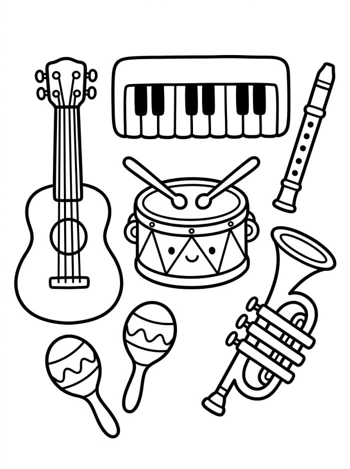 Coloriage Instruments de musique mignons