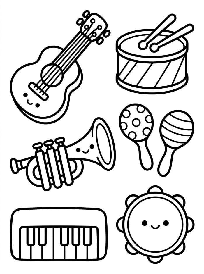 Coloriage Instruments de musique très mignons