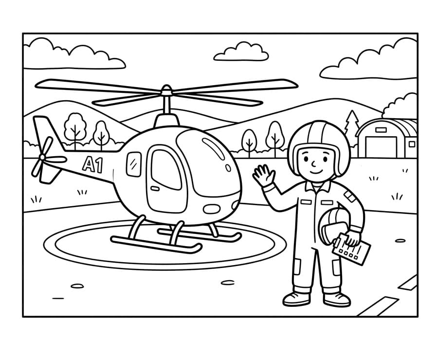 Coloriage Pilote et hélicoptère