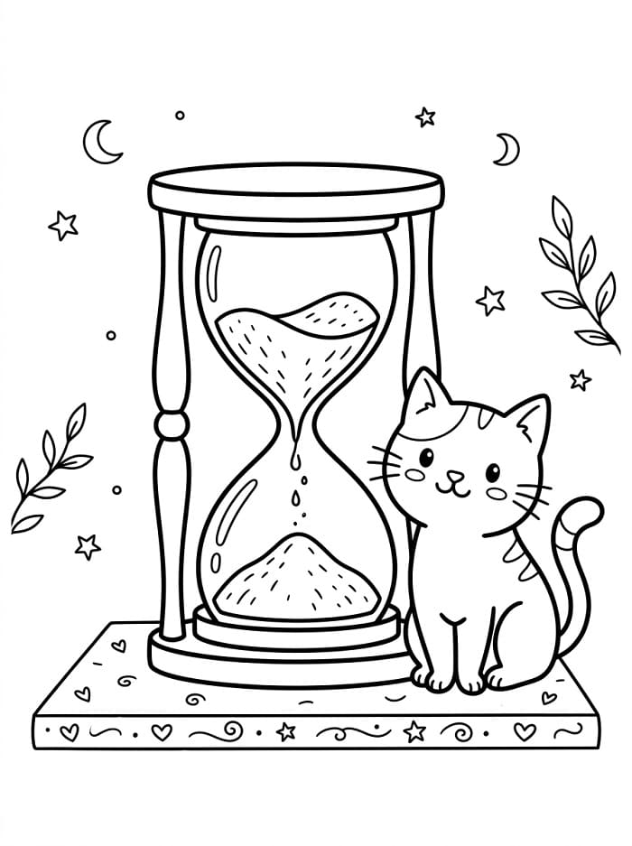 Coloriage Sablier et chat mignon