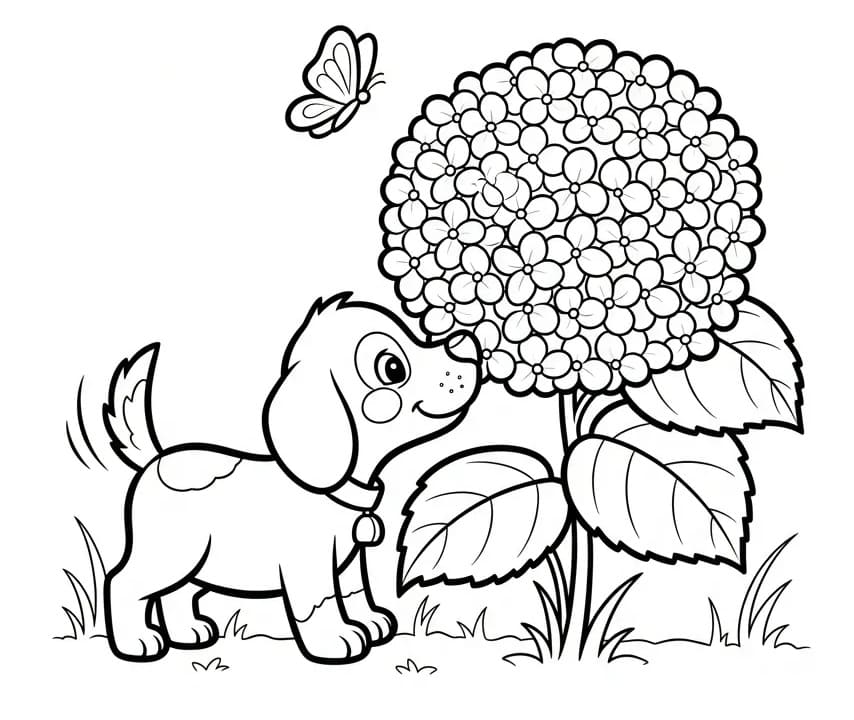 Coloriage Chien et hortensia