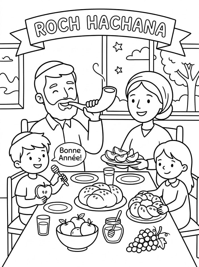 Coloriage Famille à Roch Hachana