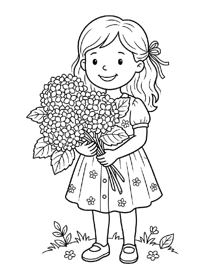 Coloriage Fille et hortensia