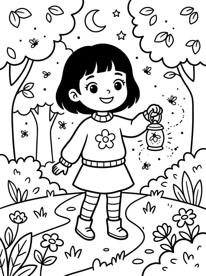 Coloriage Fille et lucioles