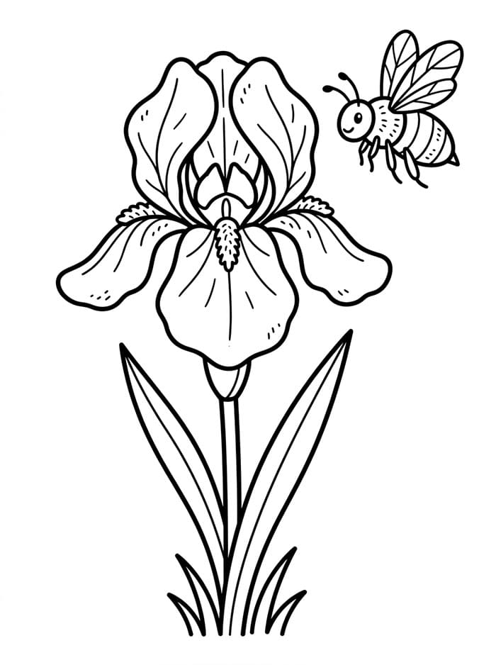 Coloriage Fleur d'iris et une abeille