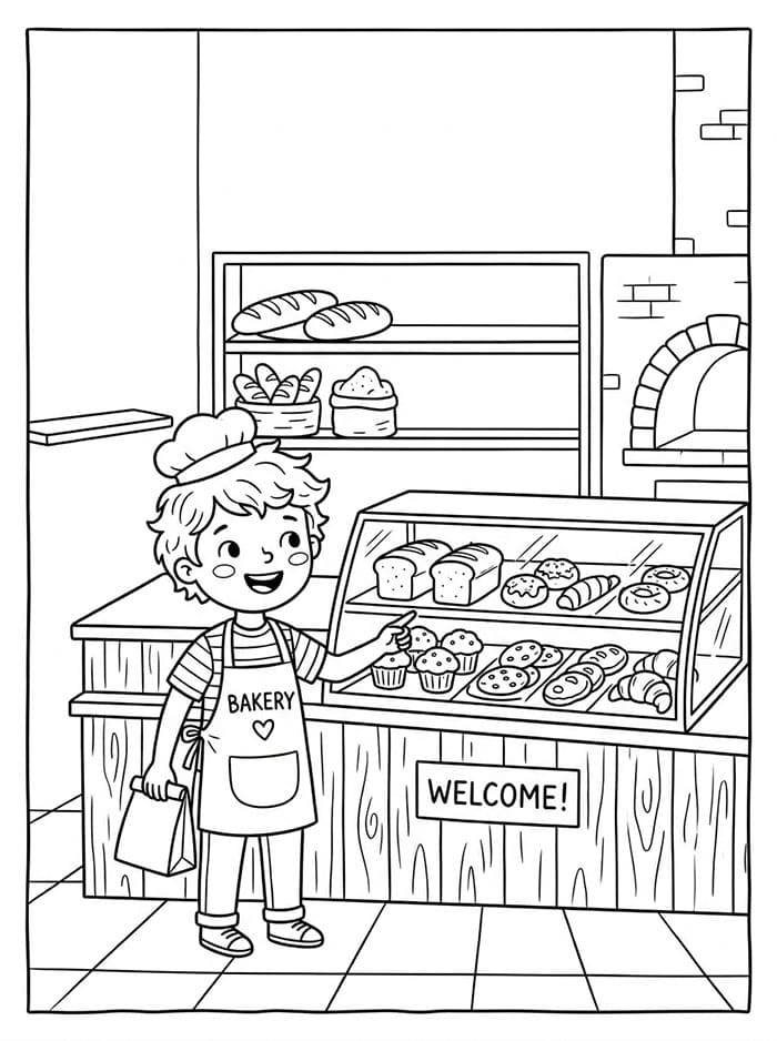 Coloriage Garçon à la boulangerie