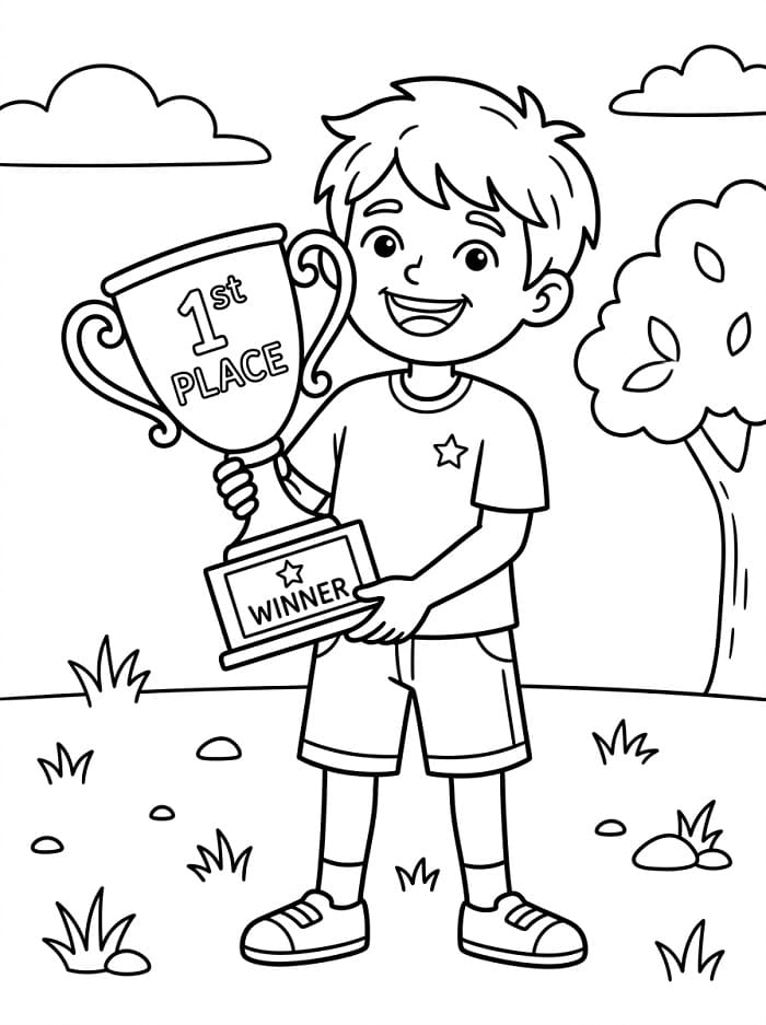 Coloriage Garçon avec trophée