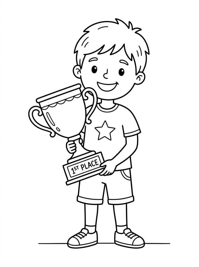 Coloriage Garçon et trophée