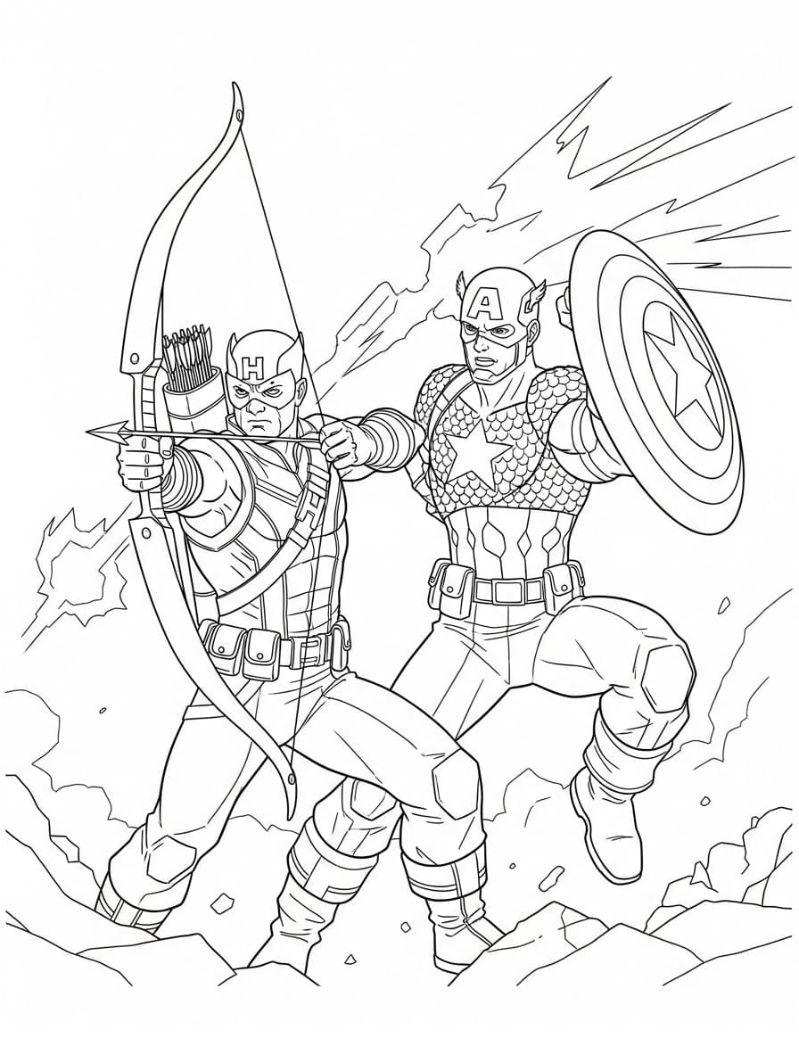 Coloriage Hawkeye avec Captain America
