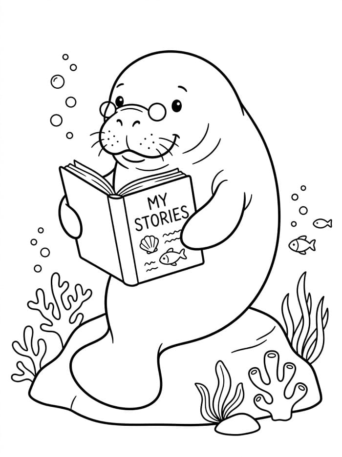Coloriage Lamantin lit un livre
