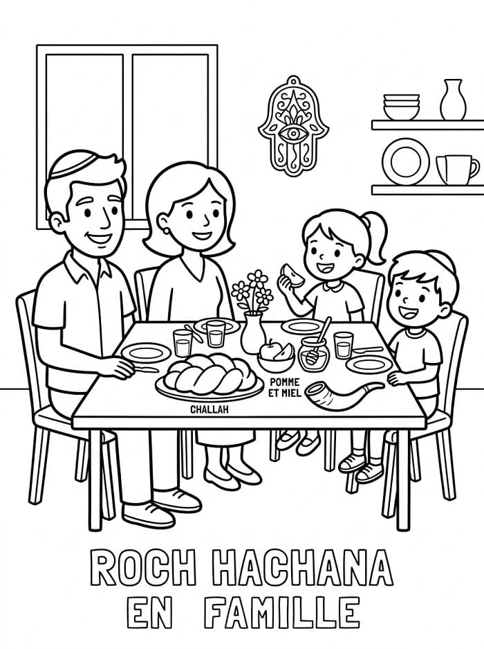 Coloriage Roch Hachana et Famille