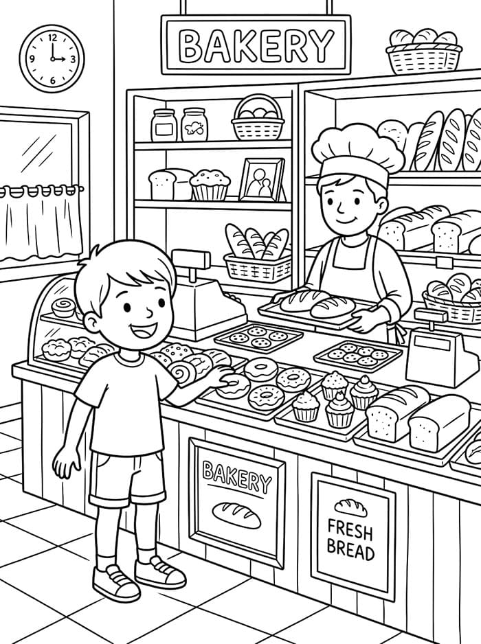 Coloriage Un garçon à la boulangerie
