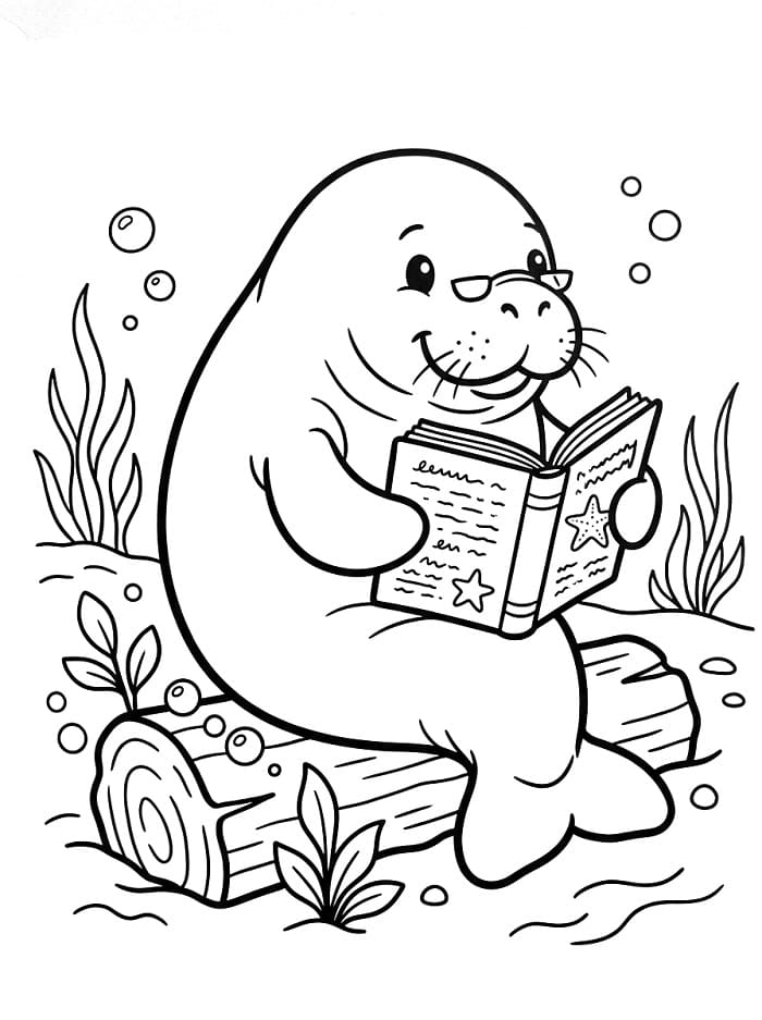 Coloriage Un lamantin lit un livre