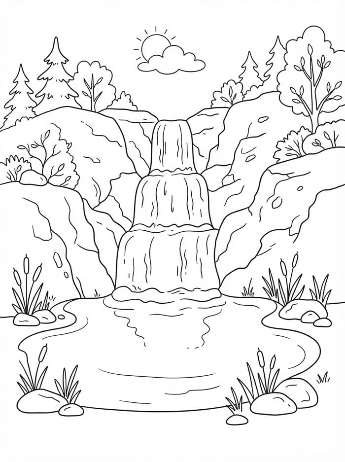 Coloriage Cascade en forêt