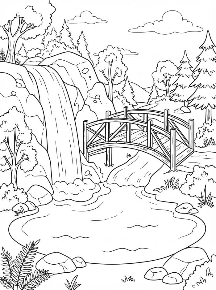 Coloriage Cascade et pont