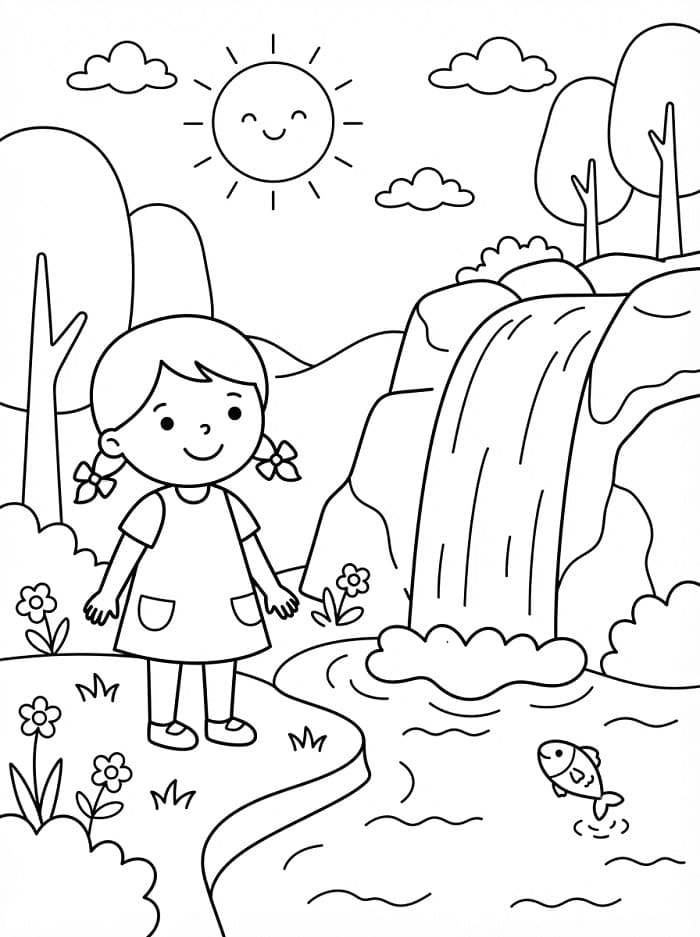 Coloriage Fille avec cascade