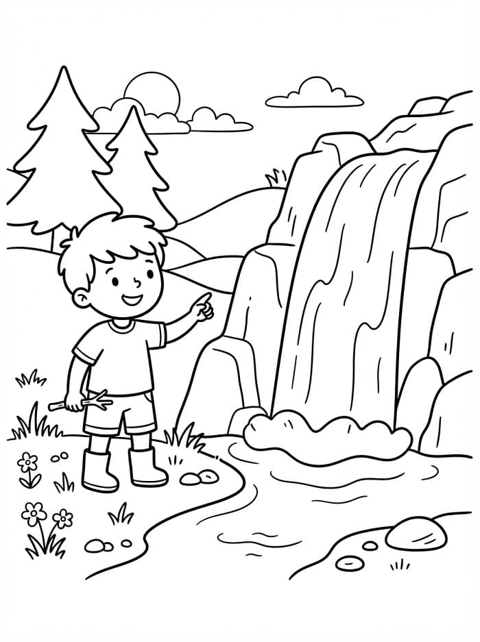 Coloriage Garçon et cascade