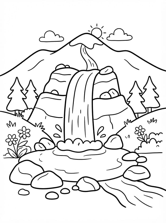 Coloriage Gratuit Cascade Pour Enfants