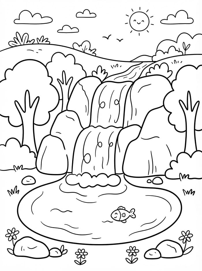 Coloriage Gratuit Cascade Pour les Enfants