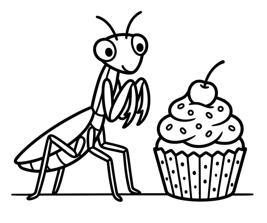 Coloriage Mante religieuse avec un cupcake
