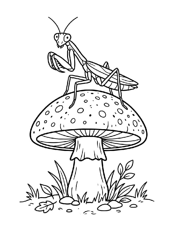 Coloriage Mante religieuse et champignon
