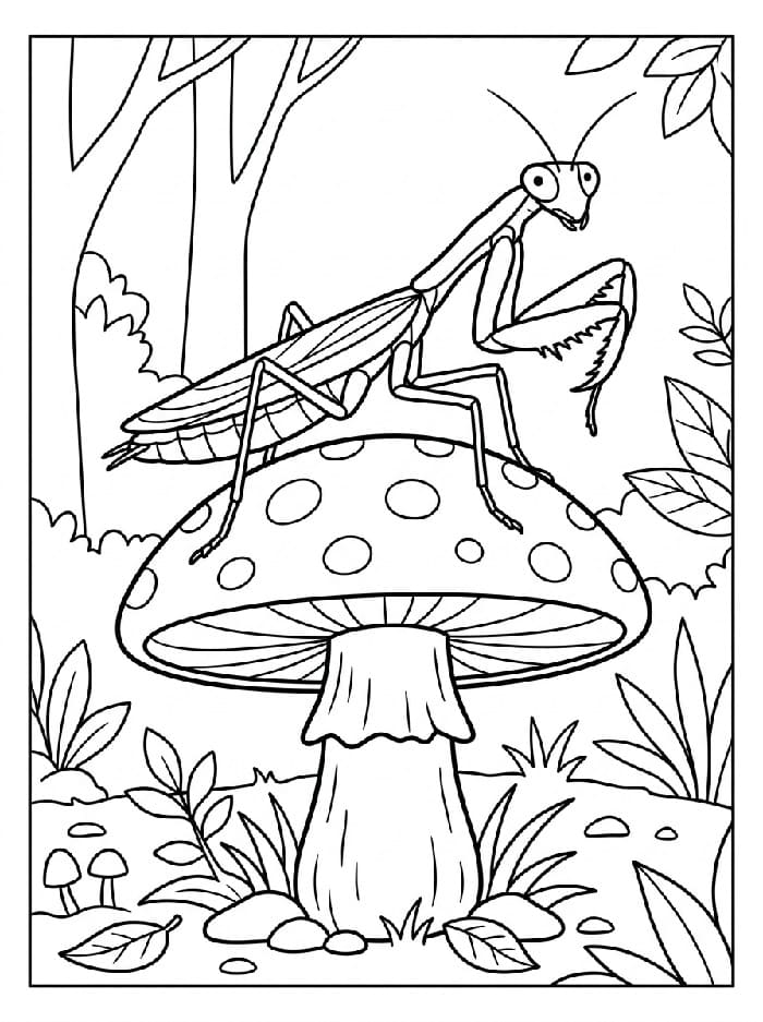 Coloriage Mante religieuse sur un champignon