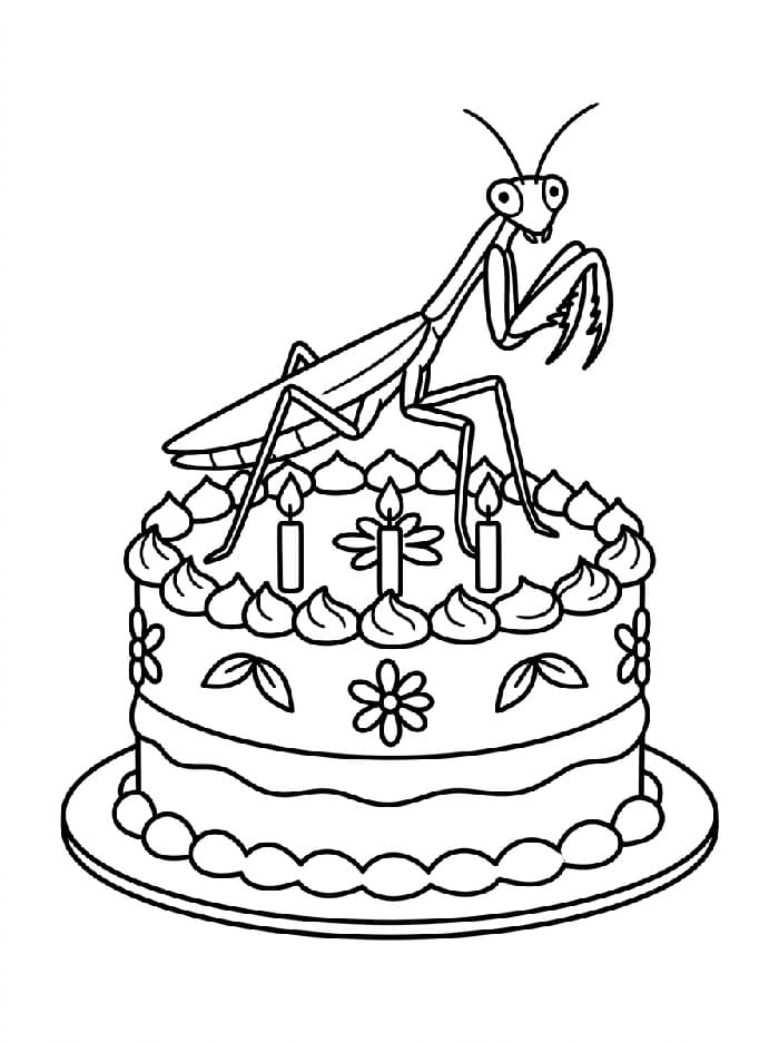Coloriage Mante religieuse sur un gâteau