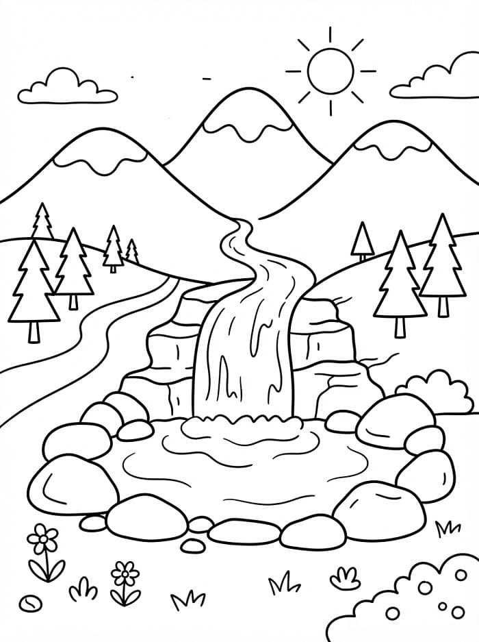 Coloriage Montagnes et cascade