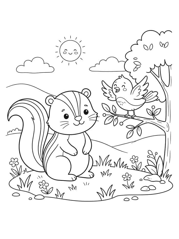Coloriage Moufette avec oiseau