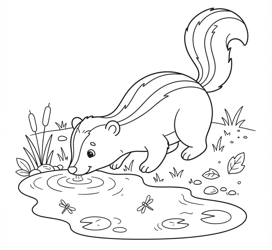 Coloriage Moufette qui boit de l'eau