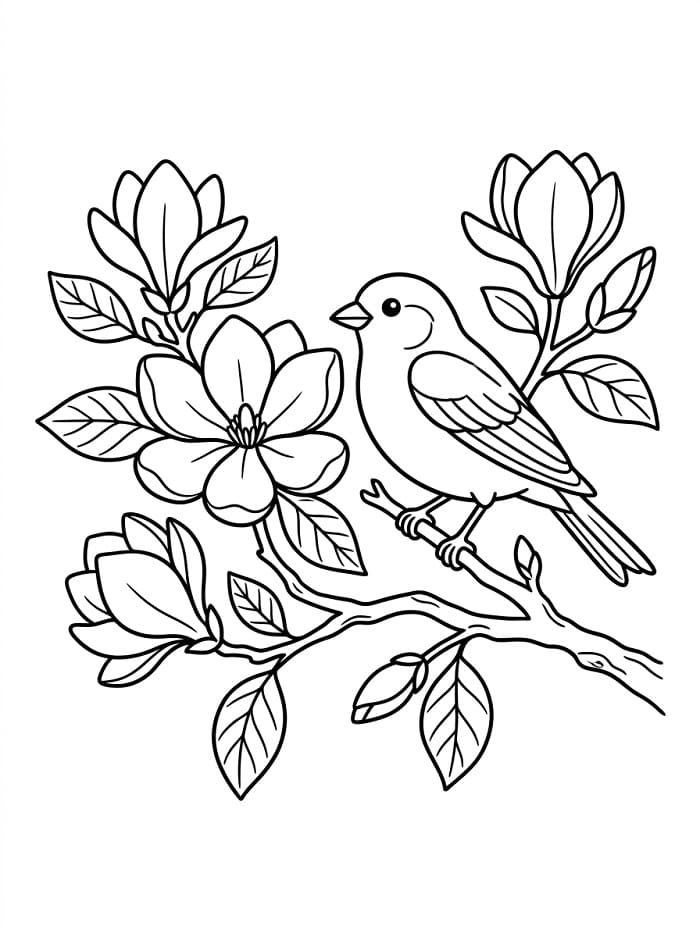 Coloriage Oiseau avec magnolia