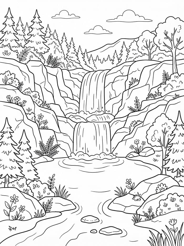 Coloriage Paysage de cascade