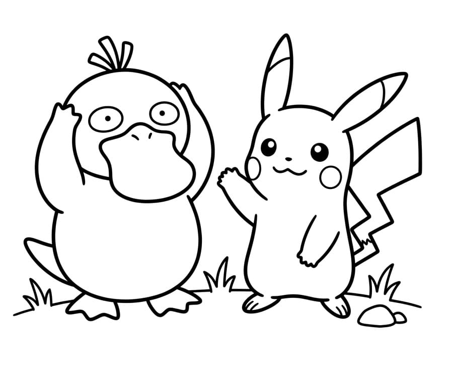 Coloriage Psykokwak avec Pikachu