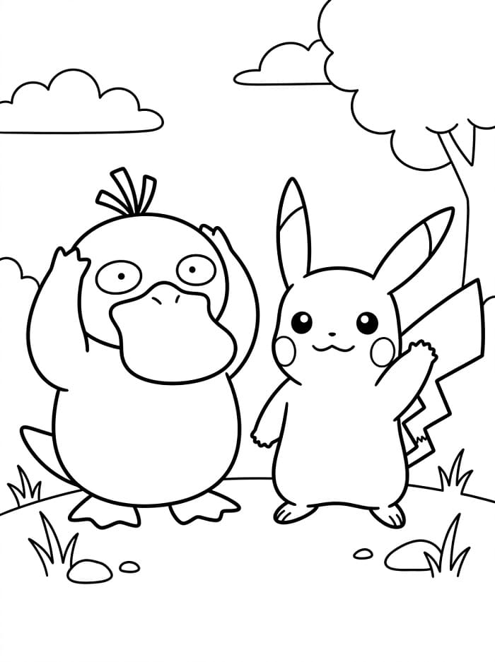 Coloriage Psykokwak et Pikachu