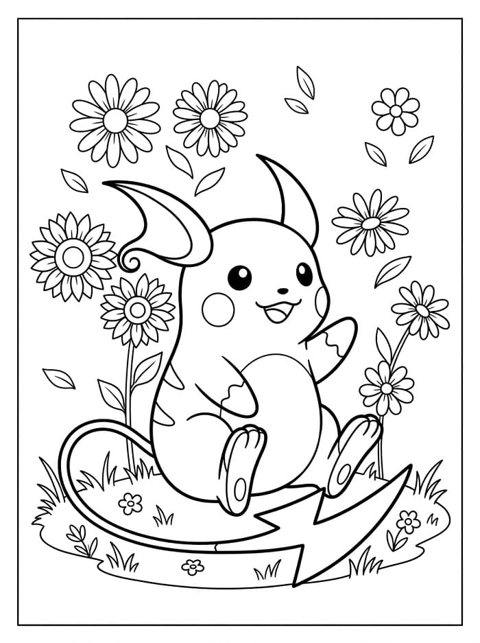 Coloriage Raichu et fleurs