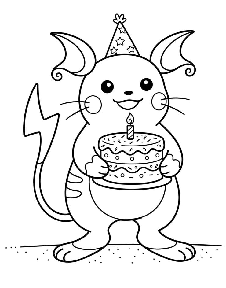 Coloriage Raichu et gâteau d'anniversaire