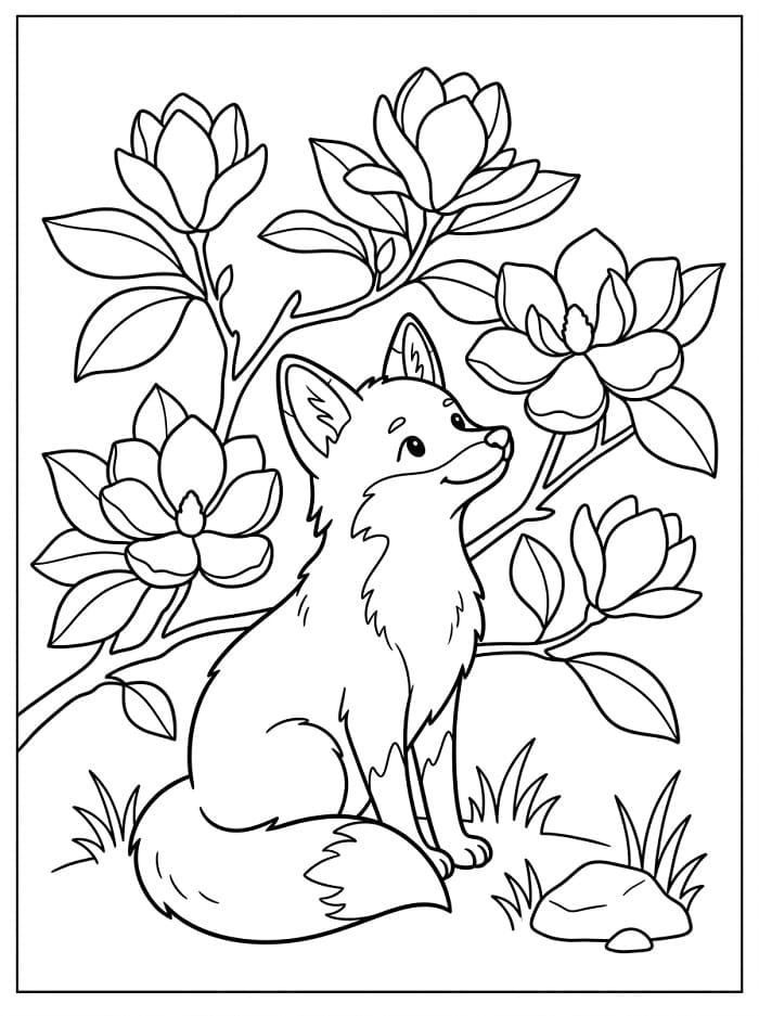 Coloriage Renard et un magnolia