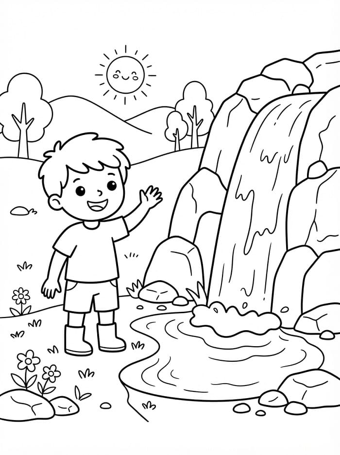 Coloriage Un garçon et une cascade