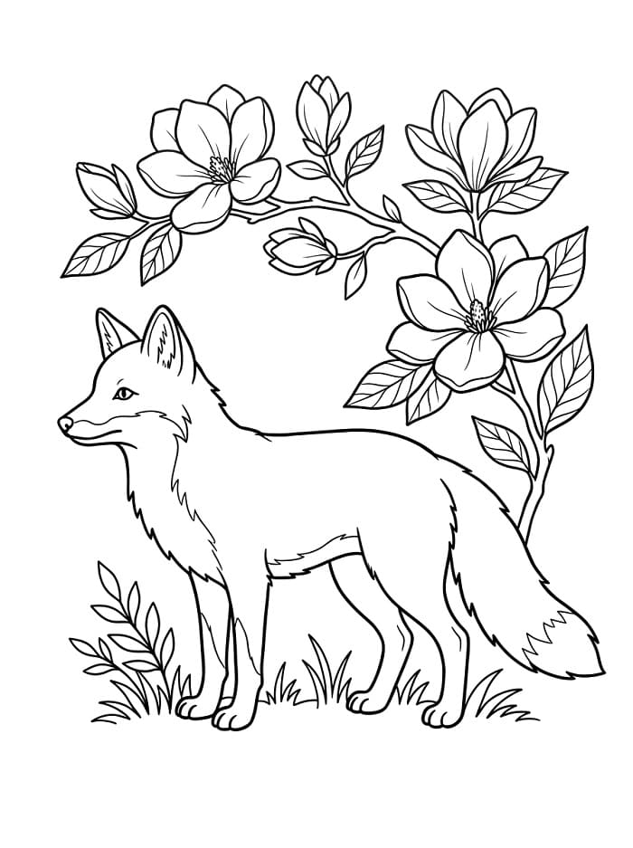 Coloriage Un renard et un magnolia