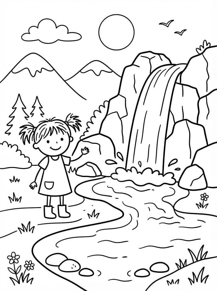 Coloriage Une fille et une cascade