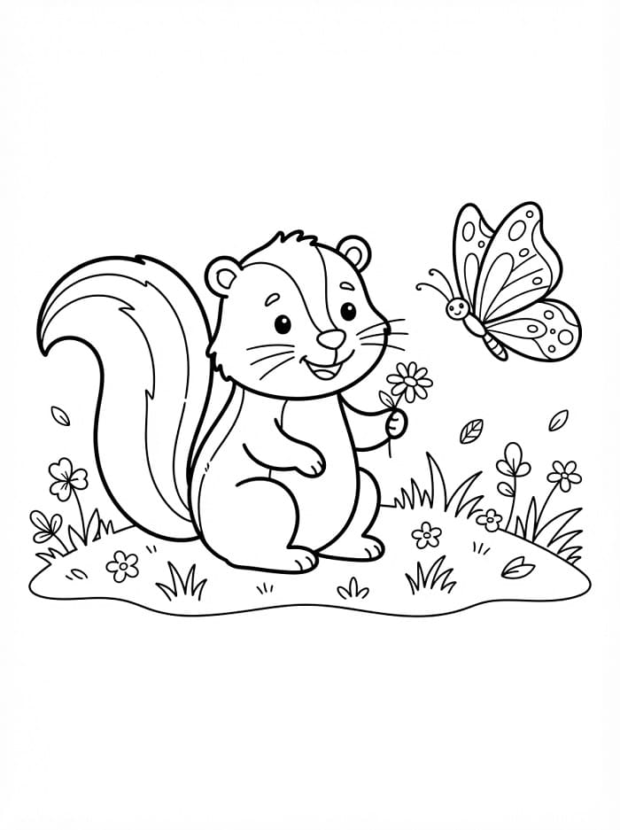 Coloriage Une moufette avec un papillon