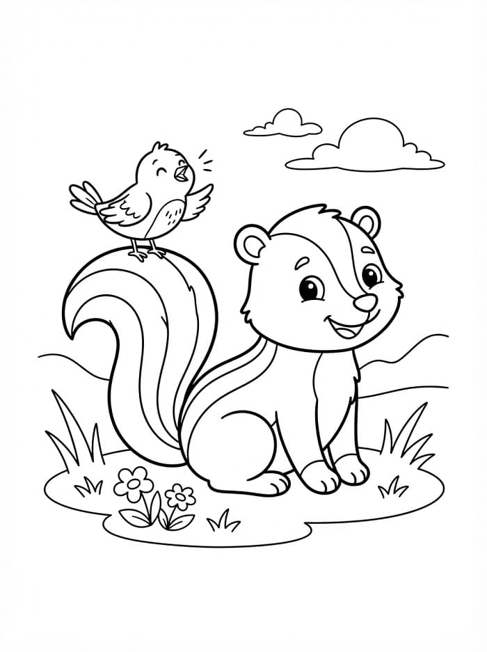 Coloriage Une moufette et un oiseau