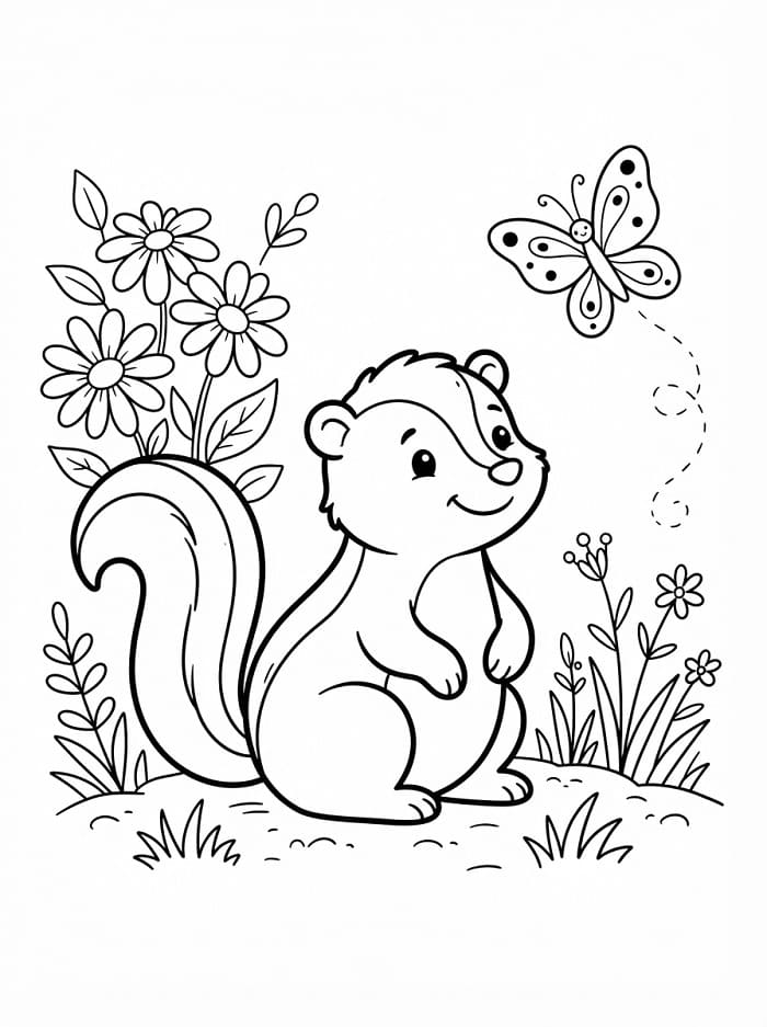 Coloriage Une moufette et un papillon