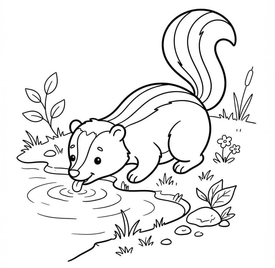 Coloriage Une moufette qui boit de l'eau