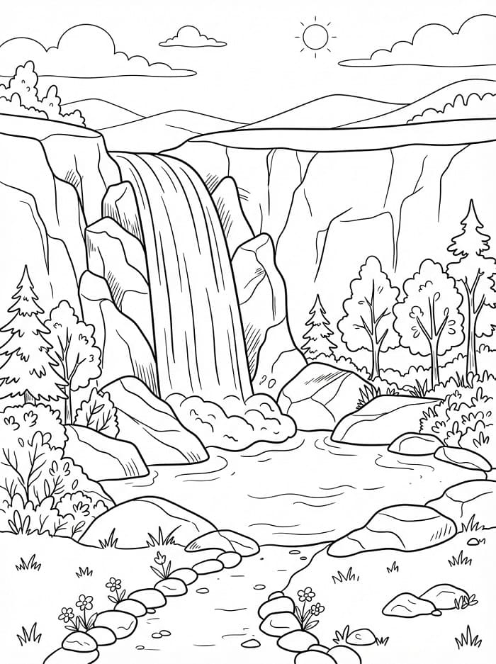 Coloriage Une Paysage de cascade