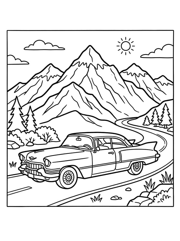 Coloriage Cadillac avec montagnes